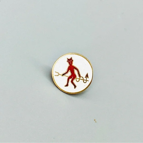 Antique Guilloche Red Devil on Pitchfork Enamel 10K Secret Society Pin Stief Co.